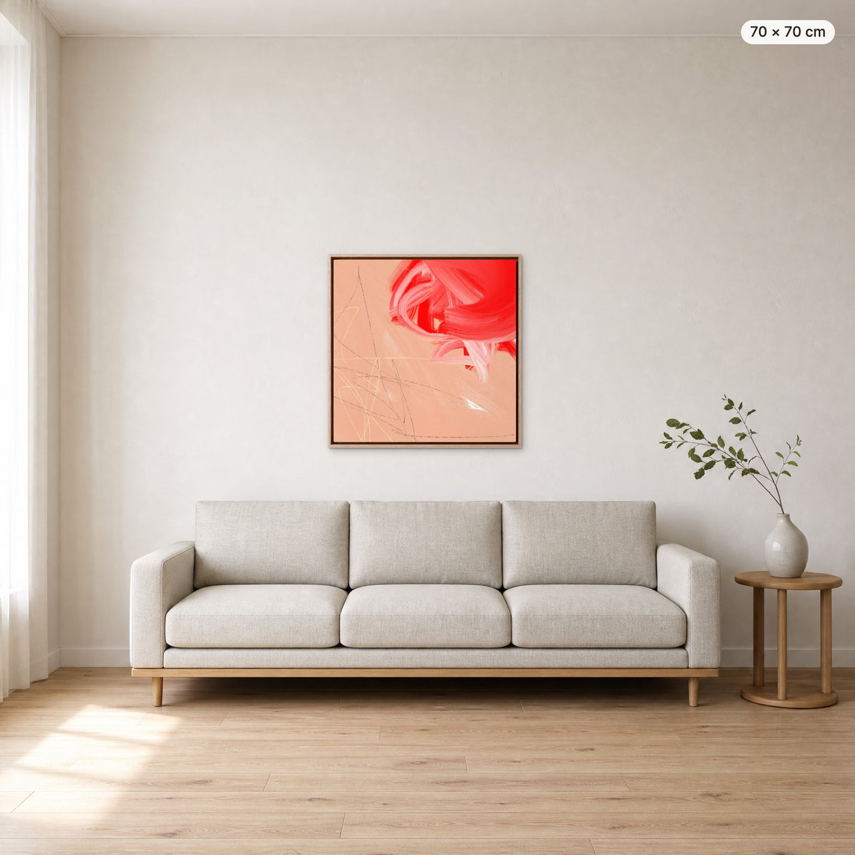 Canvas Print "Unspoken" in oak frame, 70 × 70 cm, shown to scale above a 220 cm sofa