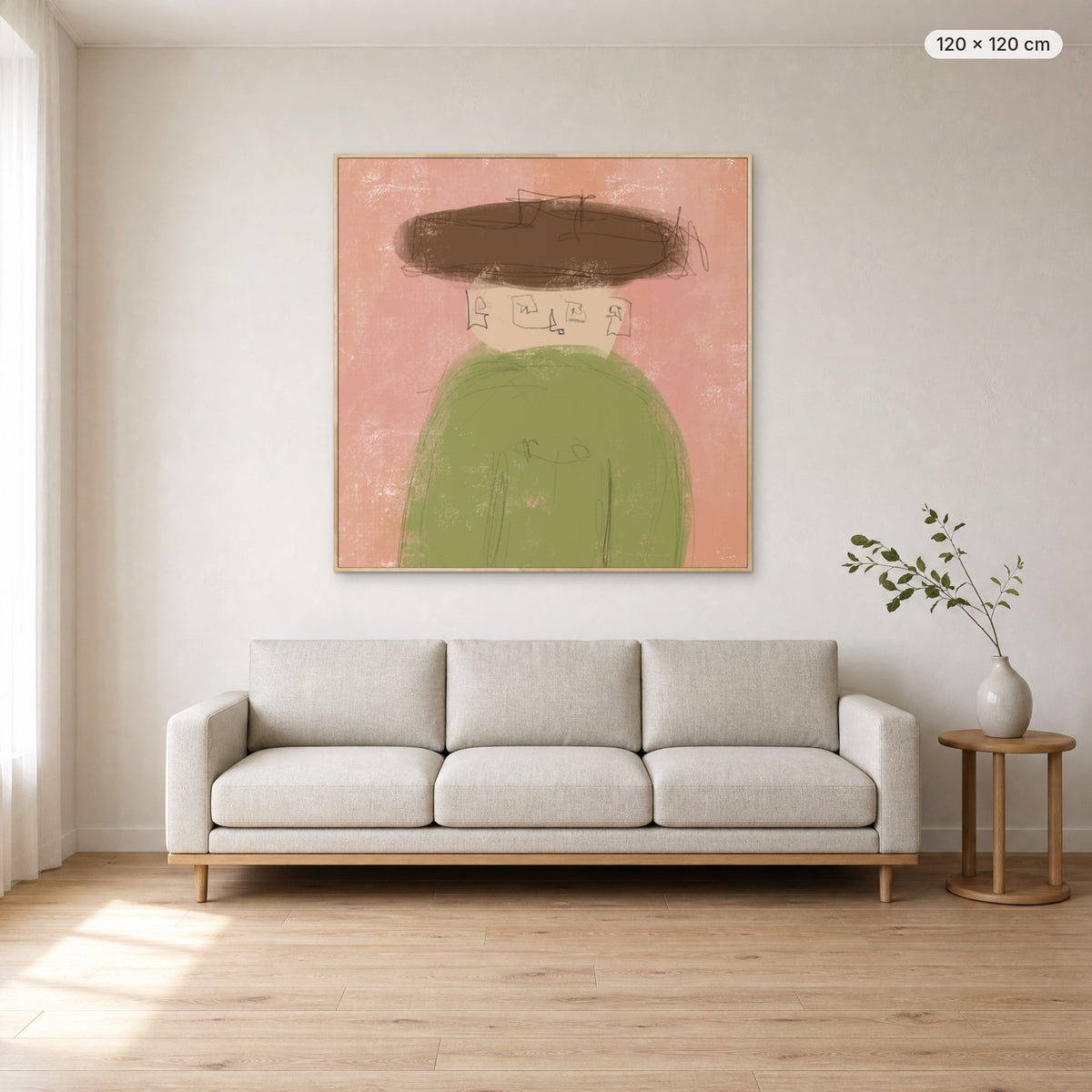Whisper canvas print in oak floating frame, 120 × 120 cm, shown above a 220 cm sofa