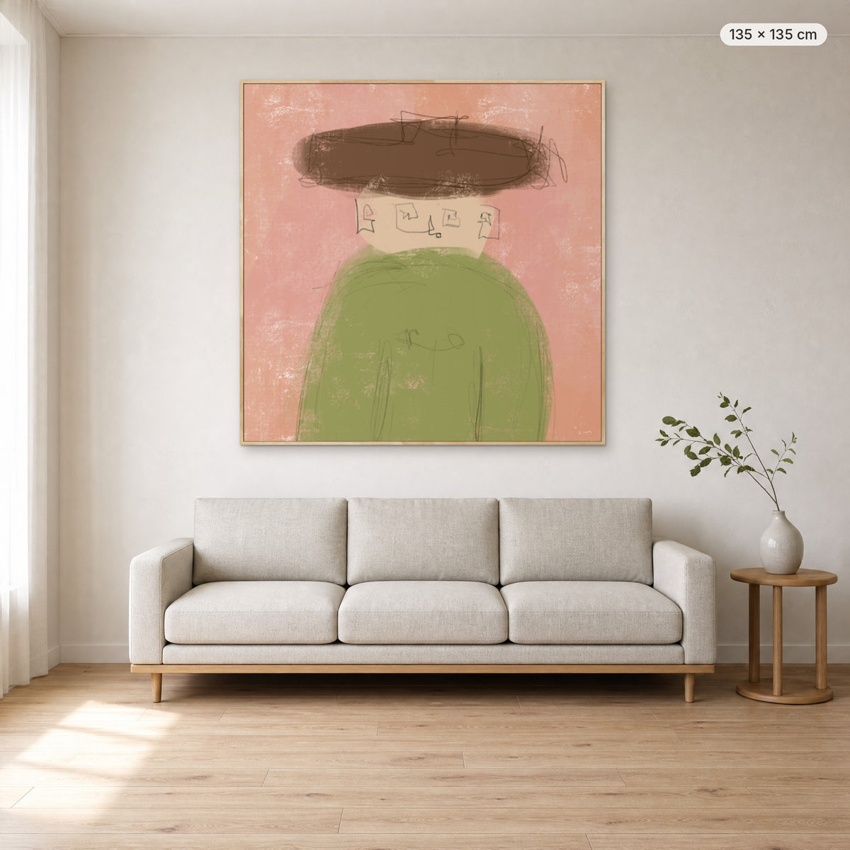 Whisper canvas print in oak floating frame, 135 × 135 cm, shown above a 220 cm sofa