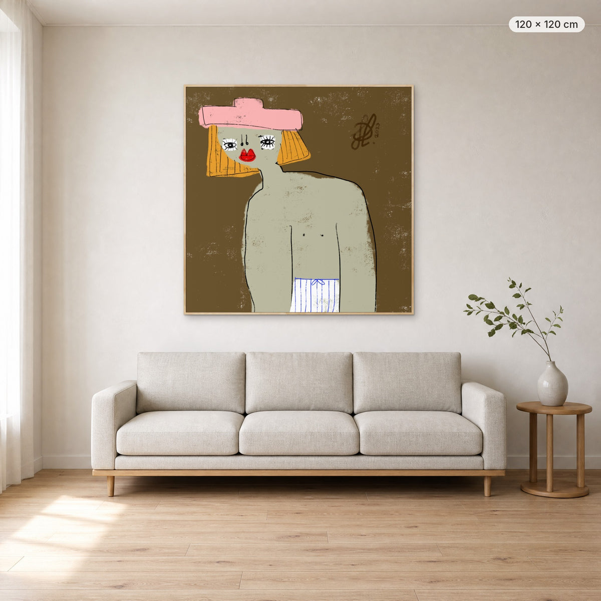 William canvas print in oak floating frame, 120 × 120 cm, shown above a 220 cm sofa