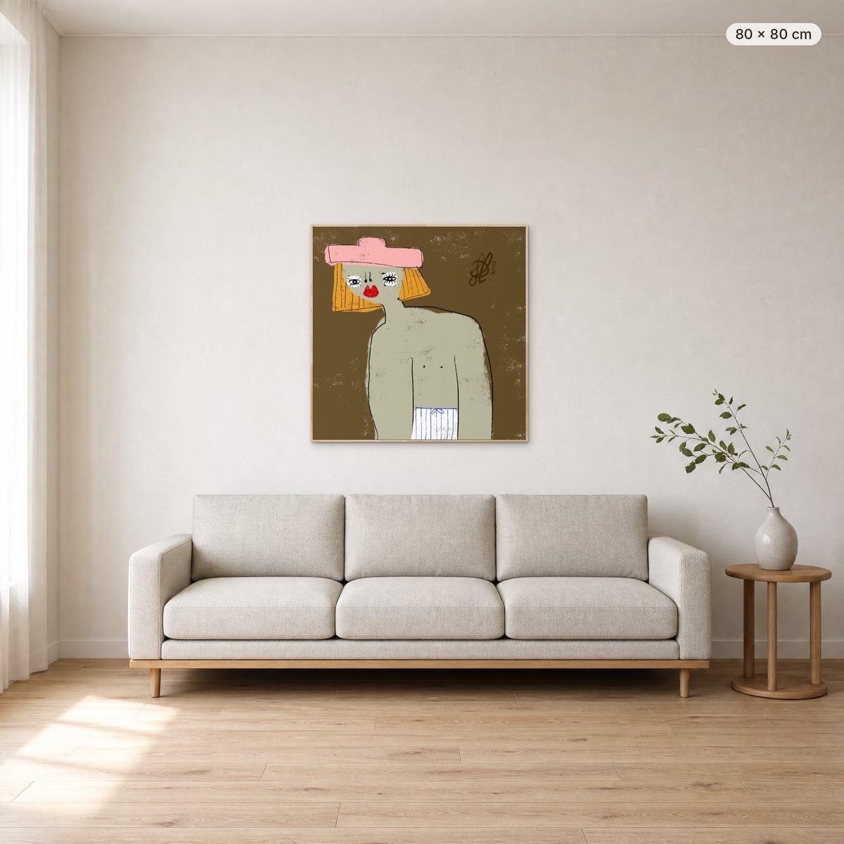 William canvas print in oak floating frame, 80 × 80 cm, shown above a 220 cm sofa